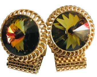 Vintage Rivoli Stone Cufflinks: Gold-Tone Winter Rainbow Design, Retro Mid Century Mens Fashion Cuff Links, Formalwear,