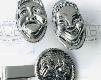 Sterling Silver Comedy TragedyMask Tie Bar Cufflinks Set Mid Century