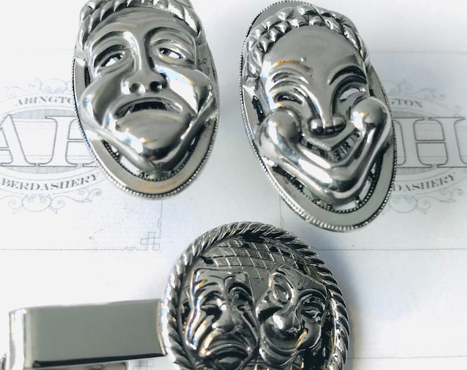Sterling Silver Comedy TragedyMask Tie Bar Cufflinks Set Mid Century