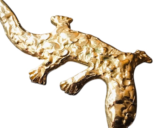 There is a Lizard On Your Jacket Brooch Pin, Gold Tone Mixed Metals Alloy, Vintage Lucky Lizard Pin, Retro Pin Hammered Finish, Gecko Gator