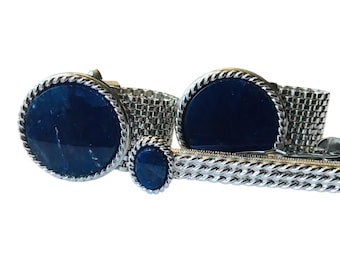 Vintage Touch of Class, Dark Blue Lapis in SilverTone, Cufflink Tie Clip Set, By Swank for Hastings Dept Store San Francisco, Original Box