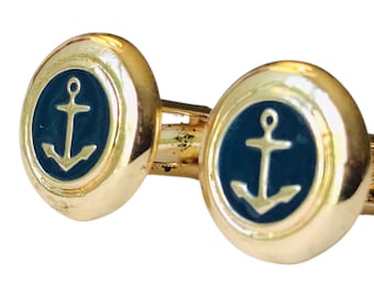 Classic Navy Blue Enamel & Gold Tone Round Cuff Links