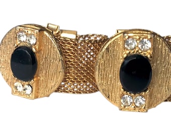 Vintage Cuff Links, Gold-Tone Black Stone Clear Rhinestone Round and Mesh Chain Wrap Detail, Classic Groom Cufflinks, Mid Century Jewelry