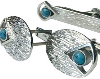 Silvertone Swank Vintage Cufflink Tie Clip Set, Blue Accent Stone, Original Box, Oval Shaped Cufflinks, Mid Century Modern Textured Design