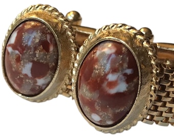 Fall Fashion Vintage Cuff Links, Rust Cranberry Brown Cabochon Set in Gold-tone, Wrap Chain Feature, Mens Event Wear, Groom Cufflinks Gift