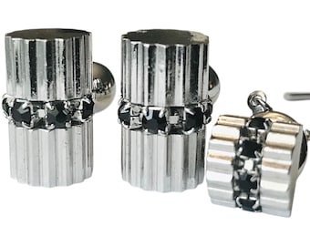Unique Eclectic Cufflink and Tie Pin Set, Vintage Mid Century Modern Sivertone  Black Cylinders , A Touch of Black Rhinestone, Prom Wear,