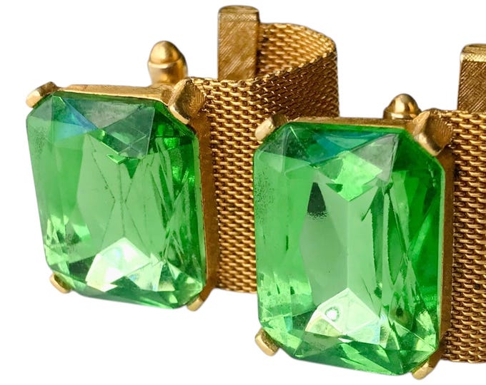 Handsome Retro Bling Mod Vintage Cuff Links, Lucky Green Gold Tone Mesh Chain Wrap Cufflinks, 60s -70s Design, Retro Gatsby Wedding Prom