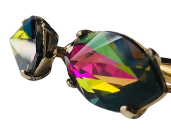 Vintage Mid Century Bling Cufflinks, Handsome Lavender Magenta Rainbow Marquise, Fantasy Glam Wedding Prom, Red Carpet Formalwear Cufflinks