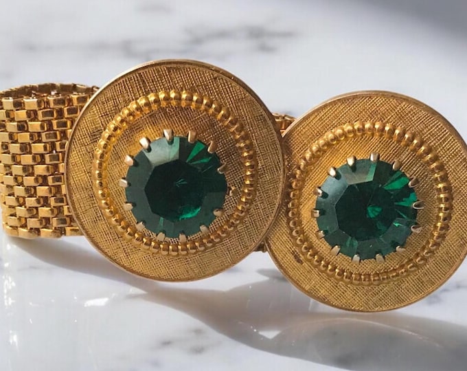 Bold GoldTone Vintage Wrap Cuff Links, Mid Century Personified, Circular Minimalist Design, Green Multifaceted Glass Centerpiece, Retro Prom