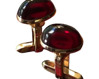 Minimalist Mid Century Cufflinks, Small Smart Sharp Red Cabochon in Gold-tone Refined Setting, Crafted by Hickok, Haberdasher Essentials