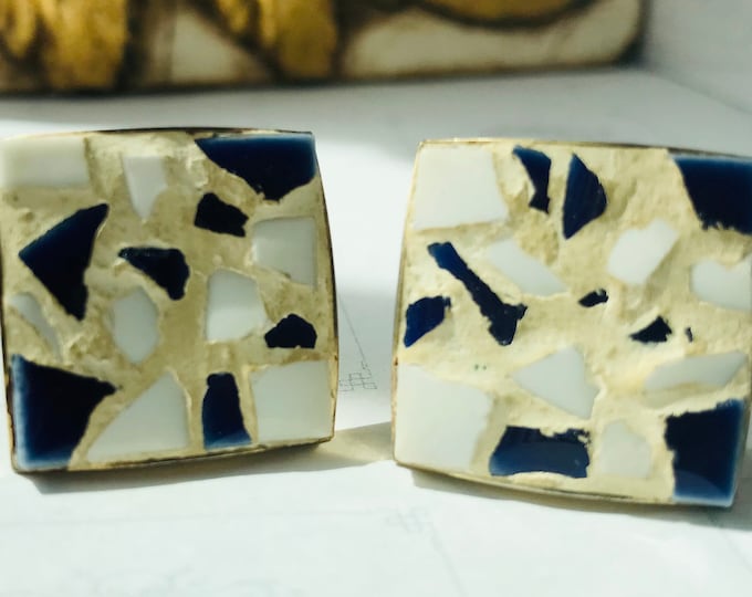 Vintage Cuff Links Glass Mosaic Goldtone Squares Unique Mid Century Fashion Groom Gift of Something Blue