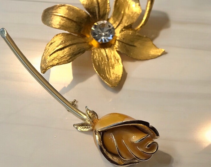 Two Delightful Vintage Metal Floral Brooch Pins, Mid Century Flowers One Long Stem Enamel Rose, One Bright Gold-tone Flower Rhinestone Core