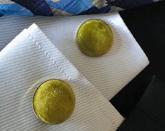 Vintage Moss Green Velvet Cuff Links, Round Velvet Mid Century Button Retro Cufflinks, French Cuff Classy Accent, Handsome Groom Gift,
