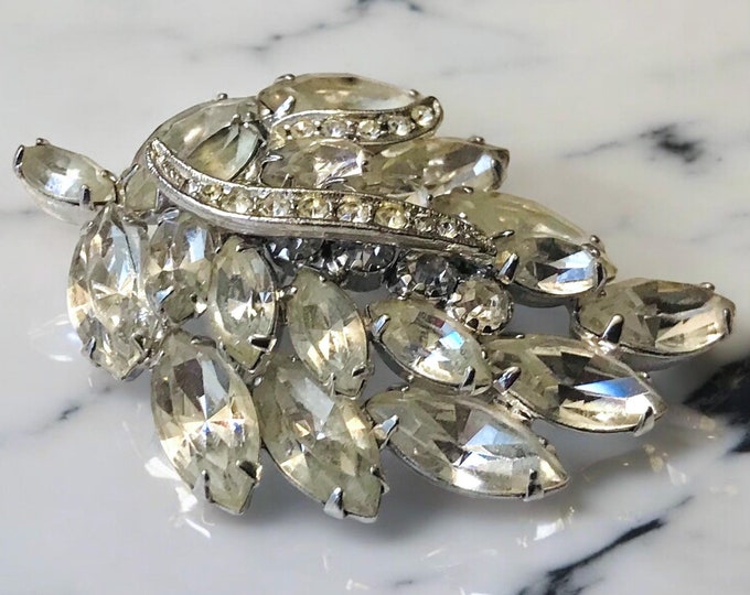 Weiss Vintage Rhinestone Pin Brooch, Marquis Shaped Stones in a Cluster Forming a Leaf or Flower, Retro Bling Brooch, Bride Something Old
