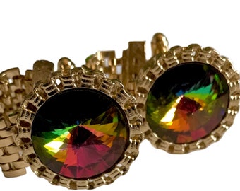 Modern Mid Century Cufflinks, Watermelon Multifaceted Round Rivoli Crystal, Pale Gold-tone Setting with Wrap Feature, Retro Panther Chain