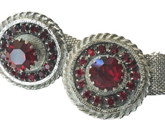 Dramatic Vintage Ruby Red Rhinestone Wrap Cuff Links, Silver-tone Mesh Chain and Setting, Multifaceted Round Cluster Floral Pattern Design