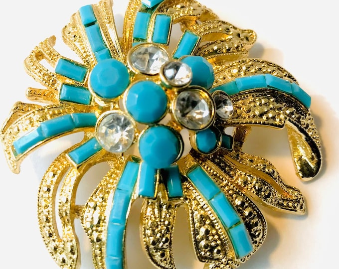Vintage Brooch Pin Goldtone Floral Motif with Aqua Blue Beads and White Rhinestones 1980s