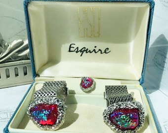 Wedding Groom Gift, Glitzy Rainbow Lava Vintage Cufflink Tie Pin Set in Original Box Groovy Mod Bling Like New