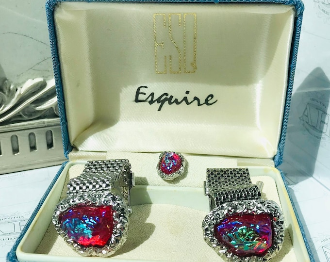 Wedding Groom Gift, Glitzy Rainbow Lava Vintage Cufflink Tie Pin Set in Original Box Groovy Mod Bling Like New