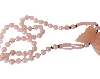 Lovely Natural Rose Quartz Crystal Beaded Necklace, Rose Pink Beaded Strand Jewelry Fashion, Carved Polish Rose Quartz Butterfly Medallion