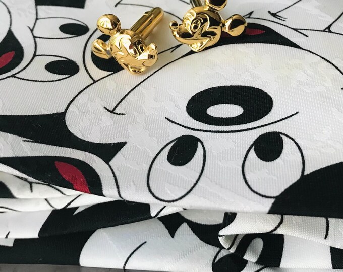 Mickey Mouse Tie and Cuff Links, Vintage Pre-owned Mickey Mouse Collectible Necktie and Gold Tone Mickey Mouse Head Raised Design Cuff Links