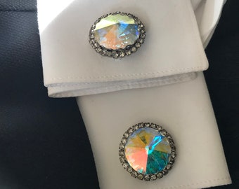 Hollywood Wow Vintage Cufflinks, Super Retro Handsome Iridescent Round Cufflinks, Rhinestone Edge, Glam Wedding, Red Carpet Attire,