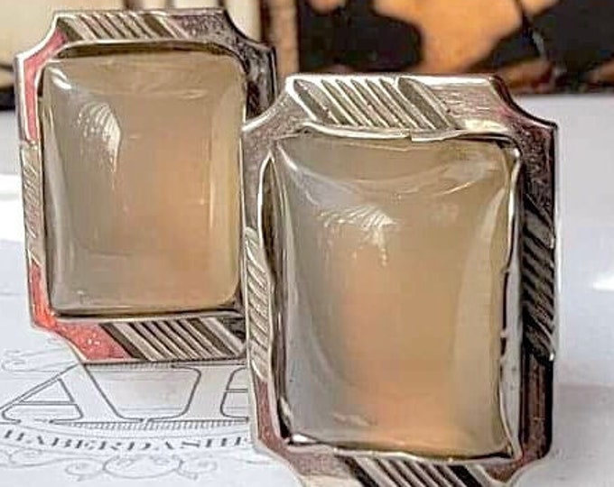 Yummy Lemon Lucite Vintage Cufflinks, Silver-tone with Pale Yellow Rectangular Cabochon, Classic Details on Frame, Wonderful Holiday Gift,