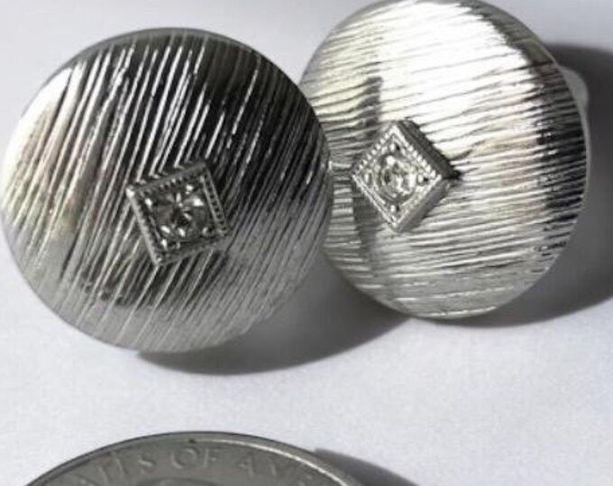 Classic Cufflinks, Round Retro Mid Century Silver-tone, Small Rhinestone Accent, Upscale Swag