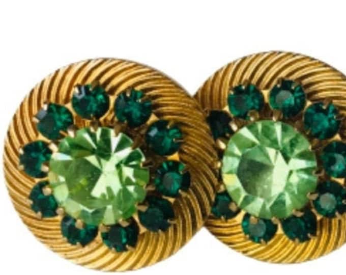 Vintage Green Jeweled Cufflinks Goldtone Classic Design Swag Groom Gift