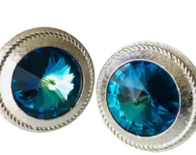 Vintage Cuff Links by Dante, Retro Gift, New Years Red Carpet Gear, Ocean Blue and Silvertone Cufflinks, Wedding Cufflinks, Rivoli Crystal