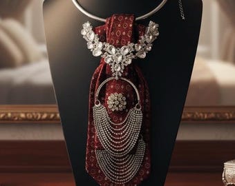 Rhinestone Vintage Necktie Necklace, Upcycled Burgundy Print Tie with Rhinestones, Repurposed Jewelry Pieces on a Simple Silvertone Choker