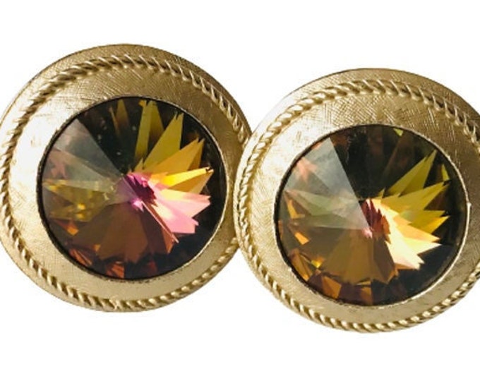 Dante Vintage Cufflinks, Mulberry Brown Rivoli Stone, Set in Goldtone, Glam Wedding Groom Gift