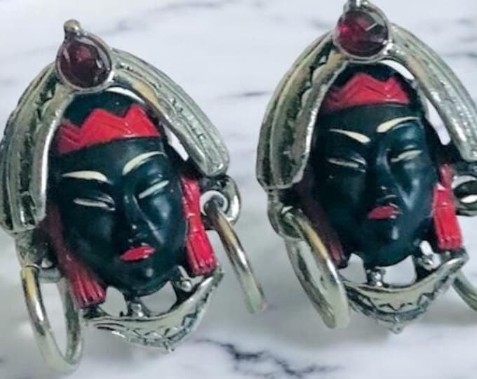 Artful Retro Cuff Links, Eclectic Goddess Empress Vintage Cufflinks, Black Red Matte, Silver-tone, Mid Century Selro Selini, Royal Headress