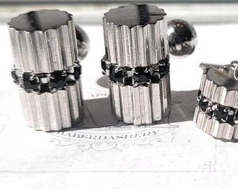 Unique Eclectic Cufflink and Tie Pin Set, Vintage Mid Century Modern Sivertone  Black Cylinders , A Touch of Black Rhinestone, Prom Wear,