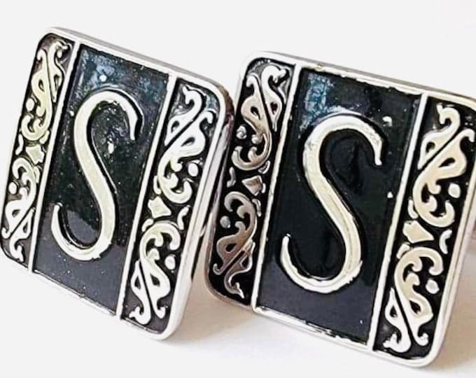 Mid Century Modern Cuff Links, Monogram “S” Square Silver-tone Black Vintage Cuff Links, First Class Retro Gift, Present for Him