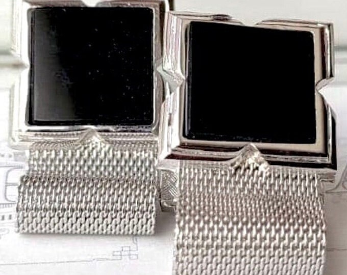 Vintage Cufflinks Classic Sophistication, Silver-tone Black Square Cufflinks, Wrap Feature, Retro Mens Accessory, Grandpa Style Cufflinks