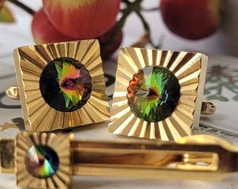 Vintage Special Event Tie Clip Cufflink Set, Mega Mid Century Swag, Colorful Rivoli Stone, Gold-tone, Removable Wrap Chain, Nice Groom Gift
