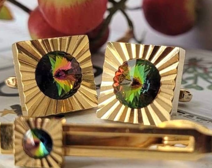Vintage Special Event Tie Clip Cufflink Set, Mega Mid Century Swag, Colorful Rivoli Stone, Gold-tone, Removable Wrap Chain, Nice Groom Gift