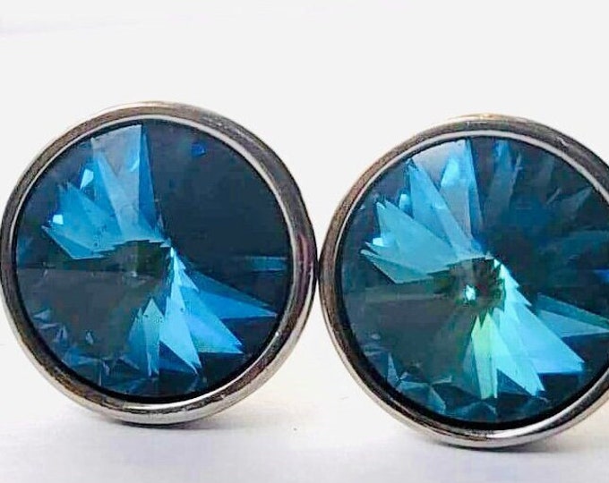 Vintage Cufflinks, Royalty Blue Round Rivoli Stone, Silver-tone Circles, Red Carpet Swag, Classic Fairytale Glam Wedding, Groom Gift
