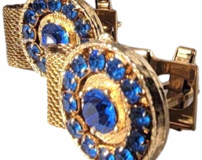 Royal True Blue Rhinestone Cufflinks, Round Goldtone Casing, Formal Attached Wrap Mesh Chain, 1970s Retro Style, Something Blue Lucky Groom