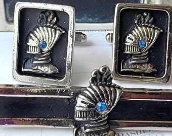 Does He Slay, Heraldry Knight Helmet Vintage Cufflinks Tie Clip Set, Silver-tone Black, Blue Stone Accent