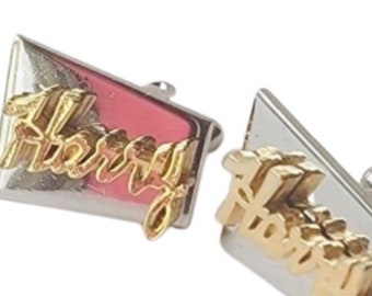 Vintage Cufflinks, Mid Century Cufflinks Name “Harry”, in Cursive Font, Goldtone on a Silvertone Wedge,  Personalized, Classic Groom  Gift