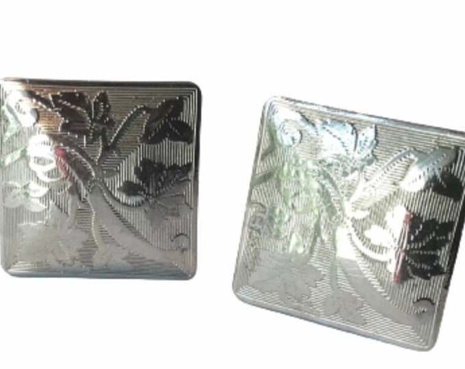 Silvertone Square Cufflinks Vintage Damask Pattern Classic Design