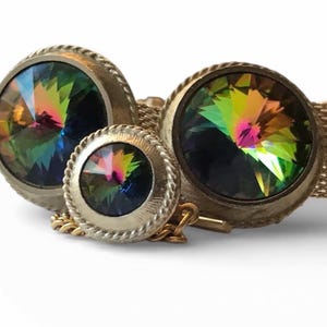 Vintage Multicolored Cufflinks Tie Pin Set, Colorful Rivoli Round Stones, Vibrant Gold-tone Wrap Cuff Links with Tie Pin Set, Mod Fashion