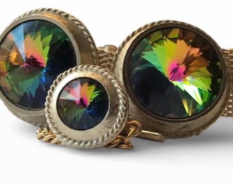 Vintage Multicolored Cufflinks Tie Pin Set, Colorful Rivoli Round Stones, Vibrant Gold-tone Wrap Cuff Links with Tie Pin Set, Mod Fashion