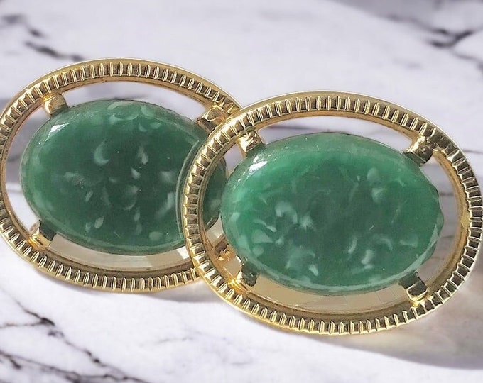 Jade Green and Goldtone Classic Vintage  Cufflinks Gift for Him