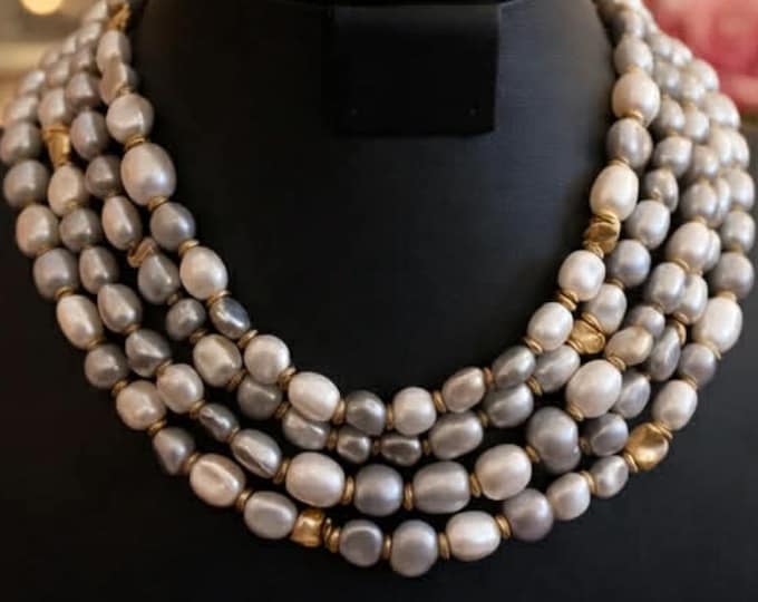Freshwater Pearl Necklace: Iridescent White & Black, 18K Gold Plated, Bridal