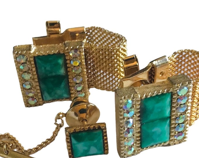 Vintage Green Cuff Links and Tie Pin Set, Aurora Borealis Accent Stones, Gold-tone Base with Wrap Chain, Dandy Dashing 70s-80s Retro Fashion