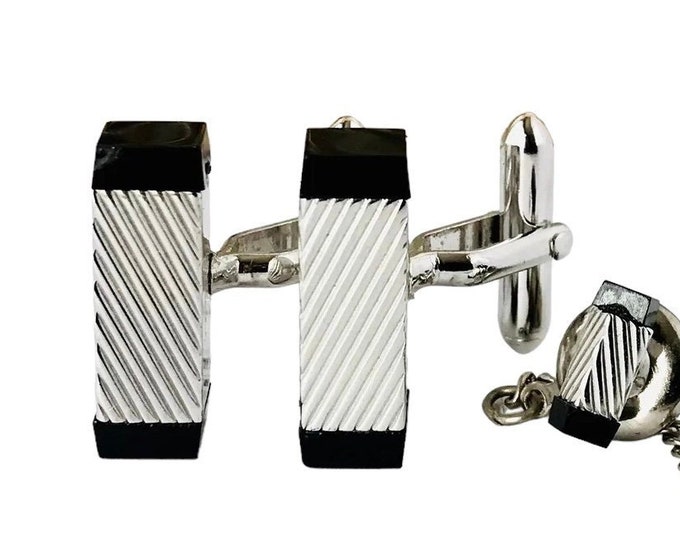 Silvertone Black Vintage Cufflinks Tie Pin Set Mid Century Modern 3D Rectangular Columns