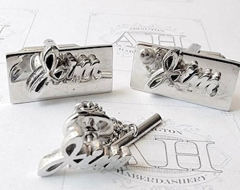 Vintage Cufflinks, Mid Century Cufflinks Name “Jim”, in Cursive Font, Silver-tone Personalized, Classic Groom Gift, Unique Retro Present